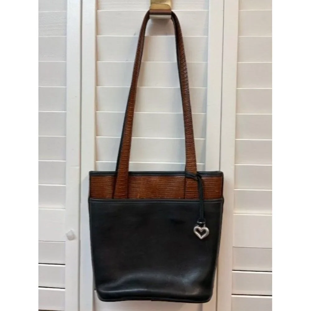 Brighton Black & Brown‎ Leather Shoulder Bag With Heart Charm Accent